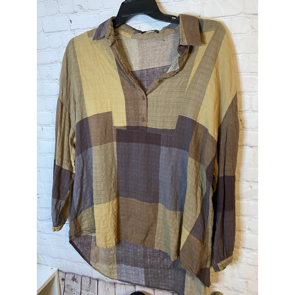 Women Retro Puff Sleeve Check Plaid Top Button Up Shirt Tee Casual Loose‎ Blouse
